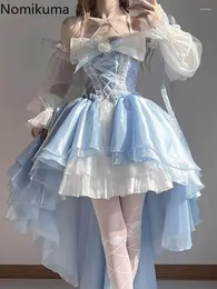 Sukienki swobodne w stylu lolita słodka kobieta sukienka kontrast kolor bandaż szatę femme 2024 vestidos de mujer bow-bow gaza koronka A-line urocza