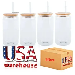 USA CA Stock 16oz Süblimasyon Cam Boşluklar Bambu Kapak Buzlu Bira Borosilate Borosilate Tumbler Mason Kavanoz Kupaları Plastik Saman İle 50 PC/C 0514