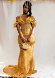 ASO EBI 2024 Gold Illusion Meerjungfrau Prom Kleider luxuriöser Perlenkristalle Abend Party formelle zweite Empfangsgeburtstagsbeschreibung Promdresskleider LF029
