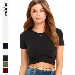 Yeni Düz Renk Kadın Yaz Yuvarlak Boyun Kılıf Tişört Uygun ve İnce Gösteri Düğmesi Twisted Ultra Kısa Üst F51416