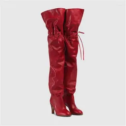 Stiefel Autumn Winter Est Slim Fit Red Leder Oberschenkel Hochgurt Langes Spike -Ferse Designer Plüsch Botines Schuhe Frau 2024