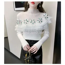 Womens stand collar gauze ruffles patchwork sexy off shoulder rhineston gem long sleeve thread knitted sweater shirt SMLXL
