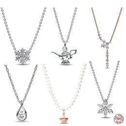 أزياء S925 Sterling Silver Silver Teapot Snowflake Snow Snowfer Square Necklace FIT Original Beads DIY GIM