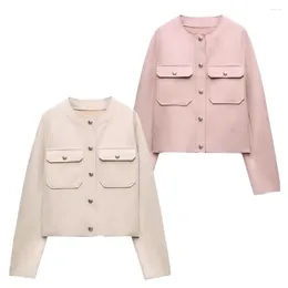 Women's Jackets 2024 Spring Wear Small Fragrant Round Neck Pocket Decoration With Fleece Texture Effect Short Jacket Coat