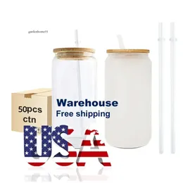 US CA Warehouse 16oz Mug Straight Blank Sublimation Frosted Clear Transparent Coffee Glass Cup Tumblers With Bamboo LidとStraw JN06 0514