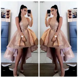 Bling Bling Pulinler Gül Altın Yüksek Boyun Balo Elbiseleri 2021 Seksi Kısa Ön Arka Arka Kolsuz Parti Gece Gowns Vestido De G 192c