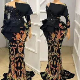 Elegant aso ebi sjöjungfru aftonklänningar långa ärmar paljetter meramid stor båge sydafrikansk stil prom klänning formella klänningar plus storlek 272Q