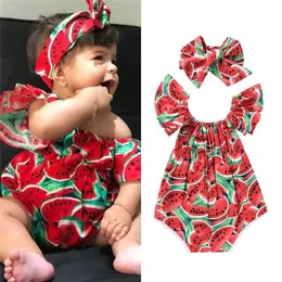 Rompers Baby Girl Watermelon Print Tick-Sight-Anzug mit Stirnband kurzärmeliger Jumpsuit 0-3y Neugeborenes Baby und Kleinkind Sommer lässiger Jumpsuitl2405