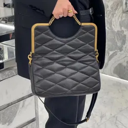 7A Designer Bag Black Sheepskin Metal Flap Bag with Chain Top Handle Fold-down Top Design and Detachable Shoulder Strap