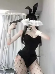 Seksi Set Bunny Cosplay Com Women Sexy Bodysuit Lingerie Kawaii Tavşan Kız Pu Sahte Deri Tavşan Takım Anime Kıyafetleri T240513