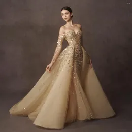 Parti Elbiseleri Jancember Dubai Şampanya Altın Deniz Kızı Gizli Soyunabilen Overkirt Kapalı Omuz Arapça Düğün SZ410