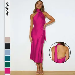 2024 Yaz Kadın Moda Saten Tasarım Sense Split Seksi Sırtsız Fransız Gece Elbisesi F51446