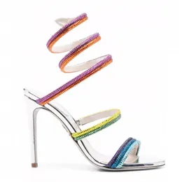 RENE CAOVILLA RHINESTONES ANKLE STRAP SANDALS装飾されたメタリック皮質スネークSTRASS STILETTO HEEL SANDALSイブニングシューズラグジュアリーデザイナーラップアラウンドサンダル