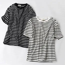 Wavlatii Women Soft Oversize T SHIRTS Kobietowe modne w paski bawełniane bawełniane koszulki z krótkim rękawem na lato wt29 240506