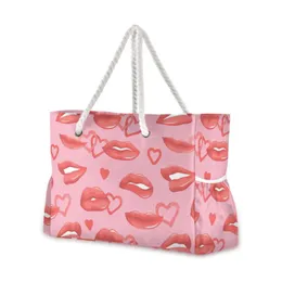 Ladies Beach Bolsa Bolsa Red Lips Heart Capacidade Bolsa de compras de ombro preto bohemia feminina casual 240424