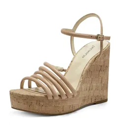 Damer 2024 kvinnor äkta läder 16 cm kil hög klackar sandaler sommar slip-on bröllopsklänning gladiator skor smalt band spänne kork euro-amerikansk storlek 34-46 SAA