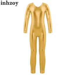 Dancewear Kids Girls Metallic Shiny Ballet Dance Gymnastics Leotard Skating Workout Yoga Dancewear Long Sleeve Full Body Unitard Jumpsuitl2405