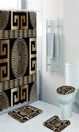 3D Luxury Black Gold Greek Key slingrande badrumsgardiner Duschgardin Set för modern geometrisk utsmyckad badmattdekor 2201251650287