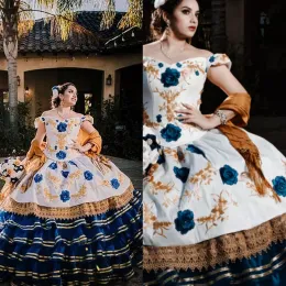 Vestidos tradicionais do México Charro Quinceanera Vestidos Bordados Lace Floral do ombro Vestido de bola de cetim Long Vestidos de XV