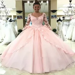 Designer Langarmes Ballkleid Quinceanera Kleider Zug Spitze Applikationen Perlen Tüll Prinzessin Geburtstagsfeier Kleider Süß 16 Kleid 15 Ye 213Q