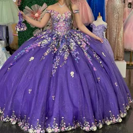 Purple Shiny Quinceanera Dress Floral Lace-Up Off The Shoulder Sparkle Women Ball Gown Cocktail Dresses Party Formal Gown