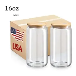 Estoque dos EUA 16 onças de sublimação em branco Canecas de vidro com tampa de bambu Cerveja fosca pode borossilicar copos de jarra de maçom jarra copos 4,23 0515