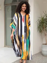 Bohemian Striped Print Plus Size Kaftan V-Ausschnitt Side Split House Kleid 2024 Sommer Frauen Beachwege Badeanzug Cover Up Q1638