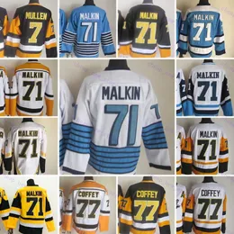 Billig retro hockey tröja 71 Malkin 77 Coffey 7 Mullen White Black Gul Blue 1967-1999 Vintage Movie Stitched