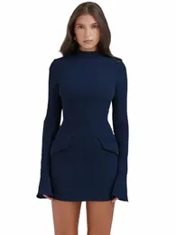Casual Dres Elegant dunkelblau solide hohe Taille Mini Dr. Frauen fi mit Tasche LG Sleeve Bodyc Chic Party Club Roben N2LM#