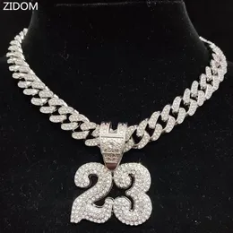 Mężczyźni Kobiety Hip Hop numer 23 Naszyjnik wiszący z 13 mm kryształowy łańcuch kubański Hiphop lodowany Bling Naszyjniki moda biżuteria 240429