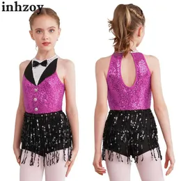 Dancewear Kids Girls Latin Jazz Dance Performance Costume Sleeveless Shiny Paiught Tassel Boyshorts Leotards CHA-CHA Samba DanceWowewearel2405