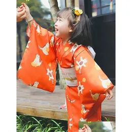 Ethnische Kleidung 2023 Kinder Vintage Kleid Japanisch Kimono Yukata National Blumendruck traditionelle Kinderleistung Kostüm D Dh4gz