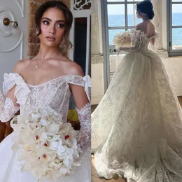 Boho Wedding Dress For Bride Off Shoulder Fulllace Wedding Dresses Illusion Bodice Robe De Mariage Lacefull Bow Bridal Gowns 0515