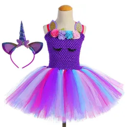 Платья новая детская дизайнерская одежда для девочек бутик для девочек платья Unicorn Tutu Princess Plays+Дизайнерская повязка на голову 2pcs/Set Little Girls ткань