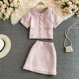 Summer New Women z krótkim rękawem Tweed wełniany płaszcz i spódnica z linii A 2 szt. Sukienka Twinset Suit ML