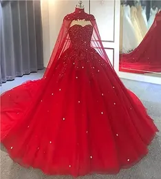 Vintage Red Ball Gown Wedding Dresses With Long Wrap High Neck Lace Appliques Beaded Gothic Bridal Gowns Back Lace-Up Corset Plus Size Robe De Mariee
