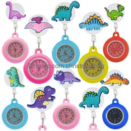 Pocket Watches Retractable Lovely Cartoon Dinosaur Kids Boys Girls Children Students Bags Hang Clock Nurse Doctor Hospital Gifts Drop Othtr