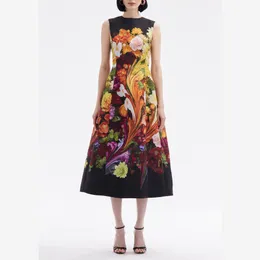 Europäische Modemarke Cotton Schwarz Blumen bedruckte Crew Neck ärmellose Weste Midi Kleid