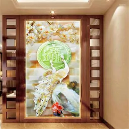 Sfondi Wellyu Wallpaper personalizzato 3D PO Murales Jade intaglio Mysterious Orchid Flower Peacock Treasure TV Background Wall Paper