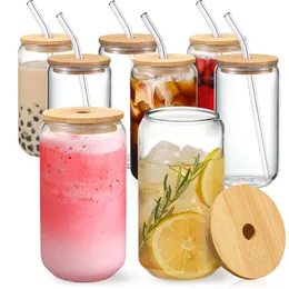 US CA Stock 16oz Glass Can Sublimation Tumbler With Lid and Straw Transparent Bubble Tea Cup Juice Glass Beer Can Milk Cups Breakfast Mug Drinkware