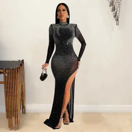 Sparkly Rhinestone Mesh See-Through Maxi Dress for Women, Sexy Long Sleeve  High Split Party Dress