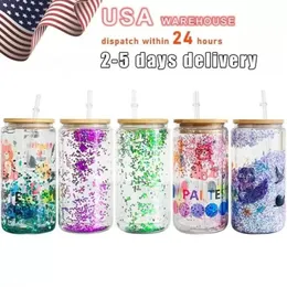 US CA STOCK Sublimation Glass Blanks with Bamboo Lid and Straw-16oz Frosted Sublimation Beer Sublimation Glass Cups Glass Tumblers for Iced Coffee Juice Drinks