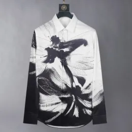 ماركة Dragonfly Print Derts Men Men Long Sleeve Silk Shirts Fashion Slim Fit Long Sleeve Disual Business Derts Social Streetwear