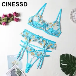 Cinessd sexy Unterwäsche Blume Stickerei Unterwäsche Set Short Skin Care Set Push Up Unterwäsche Set Strumpfband Gürtel Blumenstil intim 240430