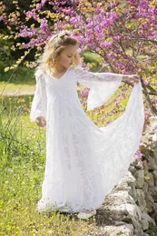 Девушки платья 2-11 год богемская цветочная девочка свадебное платье, подходящее для девочек-подростковых платьев для невесты, кружевное общение D240515