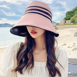 넓은 챙 모자 upf50 햇볕 모자 줄무늬 여자 UV 보호 접근 가능한 캐주얼 선 하트 여름 야외 해변 레이디 선 스크린 버킷 캡