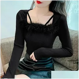 Women'S Blouses Shirts Womens Elegant Square Collar Spliced Long Sleeve Clothing Winter Knitted Korean Tops Sweet Zl201 Drop Deliv Dhzw8