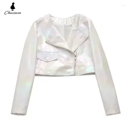 Women's Jackets Fashionable Flip Collar Colorful PU Leather Jacket Lapel Slanted Zipper Loose Short Top For Women