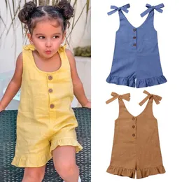 Macacão 1-6y Novo vestido de linho de algodão feminino feminino placas de salto de salto de jumfrens de macacão de salto de verão com botão sem mangas de verão D240515