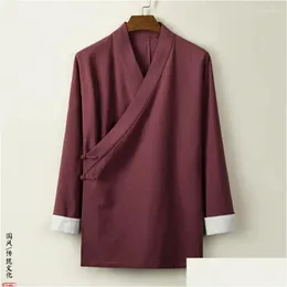 Etnisk kläder Kinesisk stil Män bomull och linne Färgblockering Jacka Retro Hanfu toppar långärmad meditation 2023 Casual Shirt Dhkzj